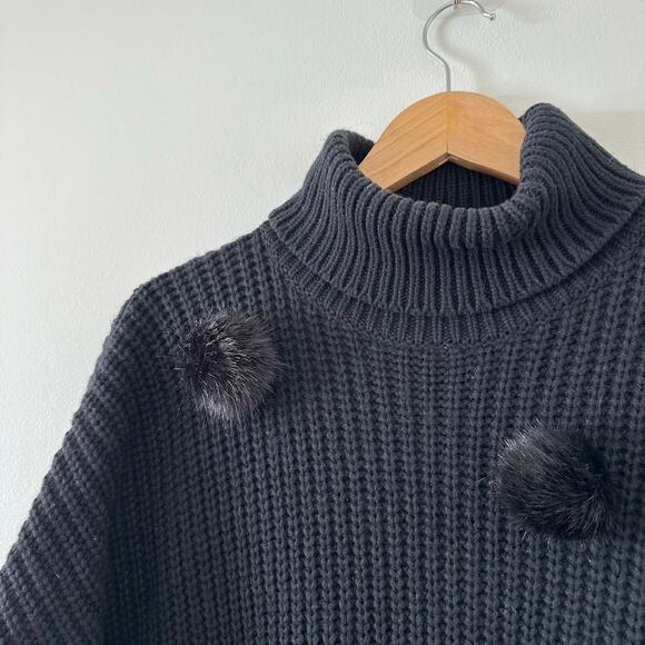 Kate Spade Cashmere Blend Faux Fur Pom Poms Front Turtleneck Poncho Black OS - Picture 7 of 9